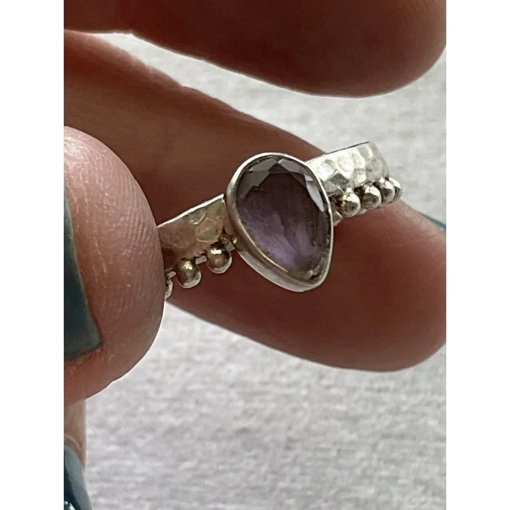 Vintage 925 Sterling Silver Amethyst Ring Size 8 Hammered Estate Jewelry